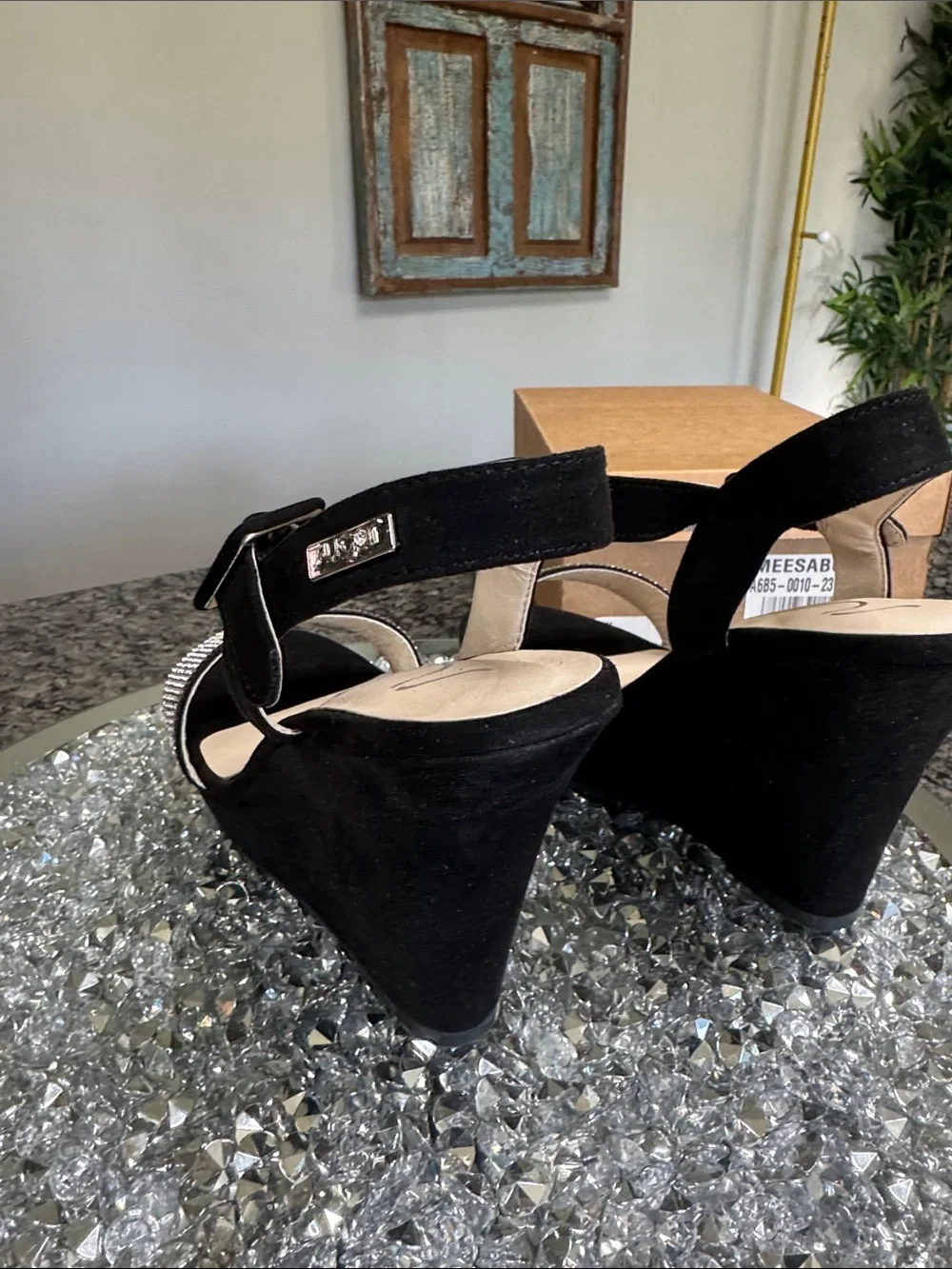 Sugar Black Wedge Sandals with Crystal Front Strap NEW 8.5